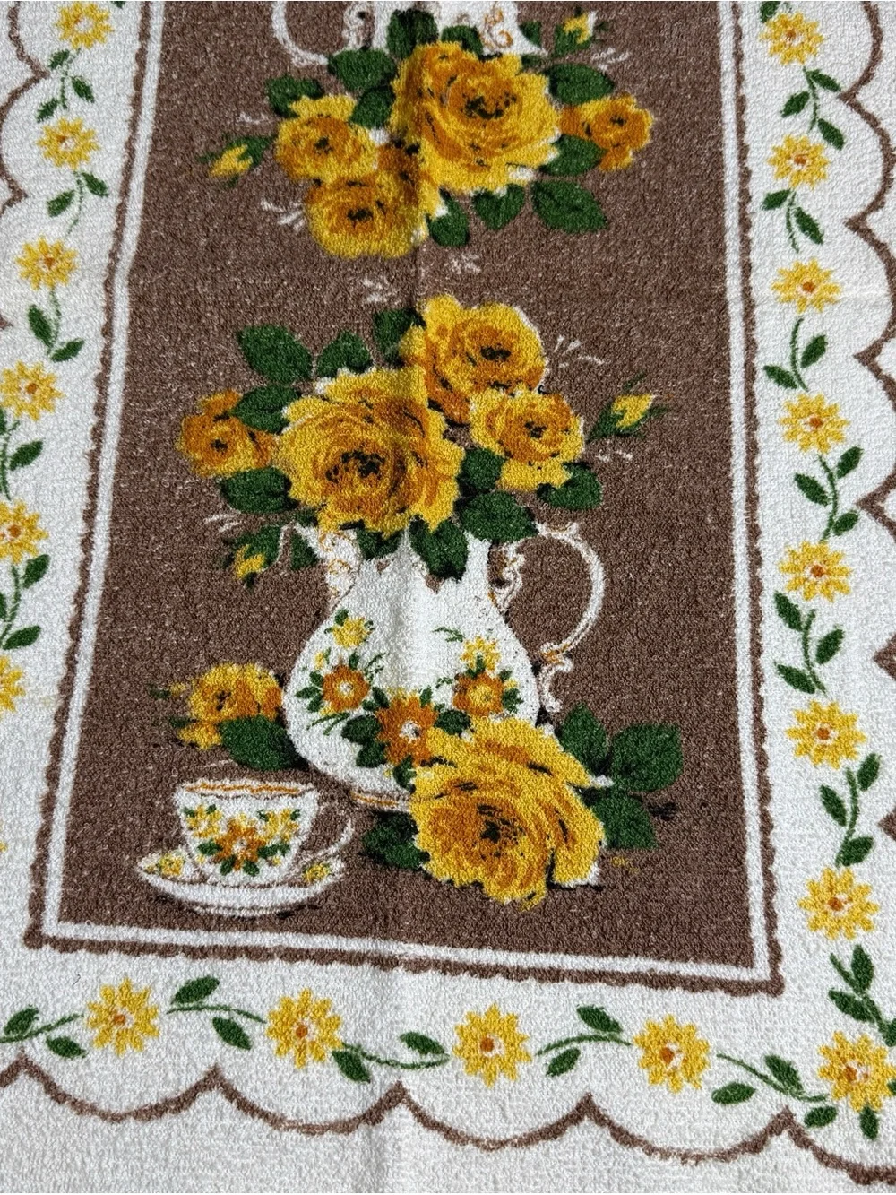 Vintage Sayco Hand Towel Yellow Brown Flowers Print Kitchen Towel Dainty Feminin